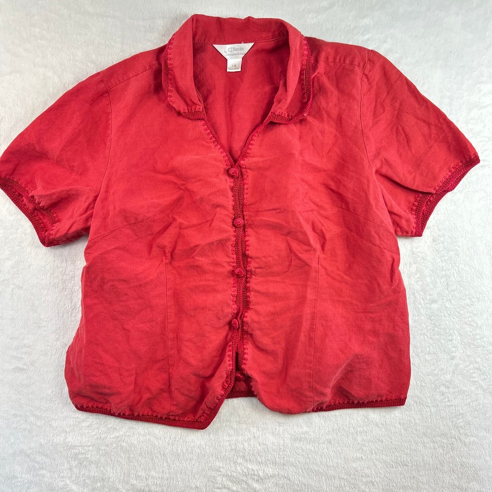 CJ Banks Quiet Luxury Silk Linen Shirt 1X Red Crochet Trim Coastal Grandmother